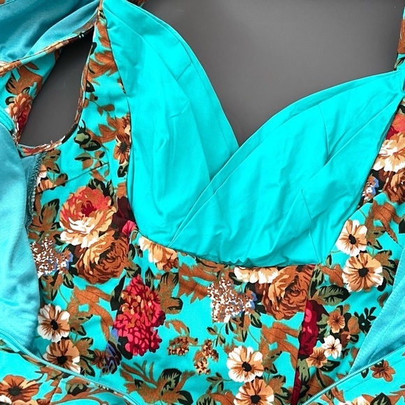 LINDY BOP Ophelia Turquoise Floral Print Swing Dress Midi Fit & Flare Size XS - Picture 9 of 14